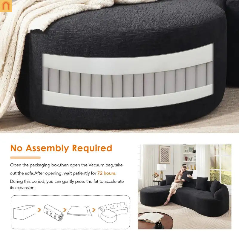 Sectional Sofa L-Shape Curved Chaise Chenille Black 3 Seat 99 In