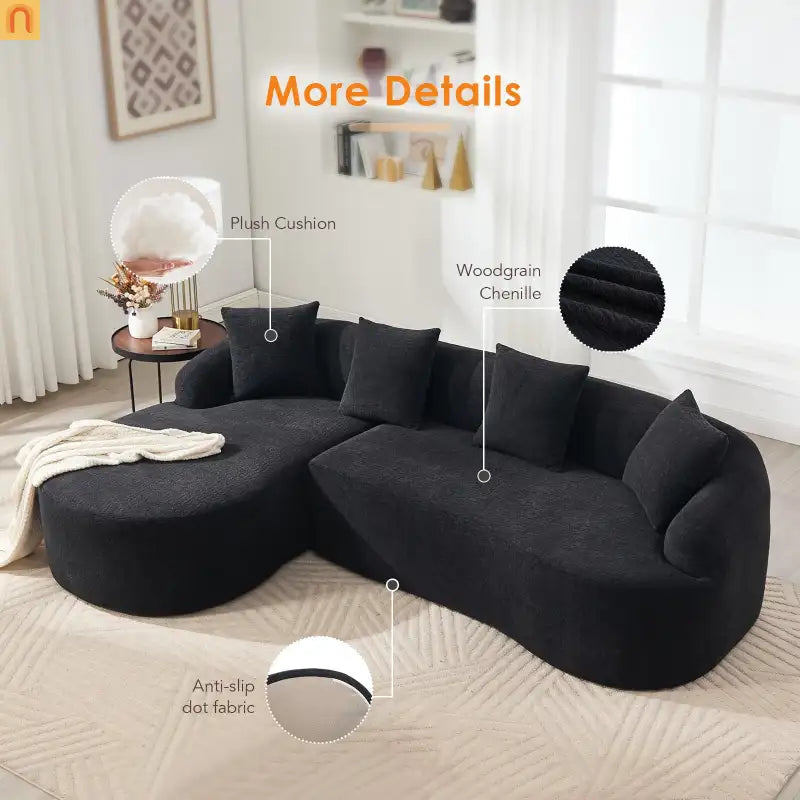 Sectional Sofa L-Shape Curved Chaise Chenille Black 3 Seat 99 In