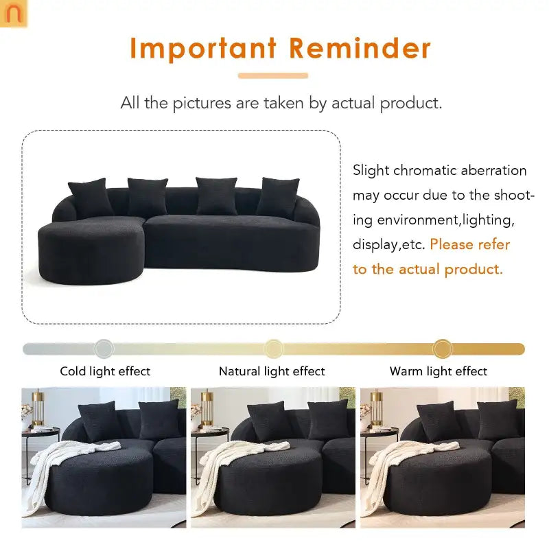 Sectional Sofa L-Shape Curved Chaise Chenille Black 3 Seat 99 In