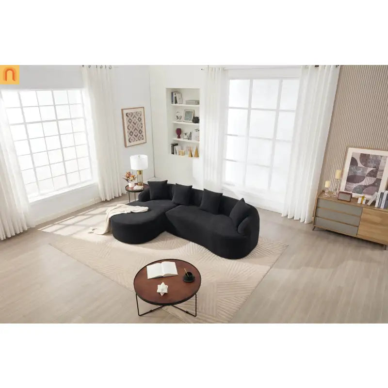 Sectional Sofa L-Shape Curved Chaise Chenille Black 3 Seat 99 In