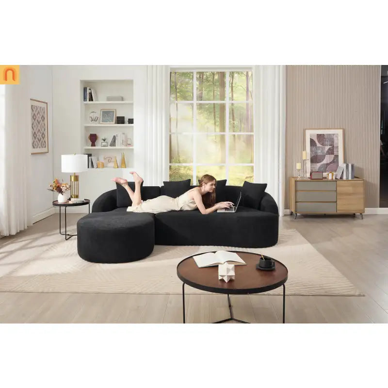 Sectional Sofa L-Shape Curved Chaise Chenille Black 3 Seat 99 In