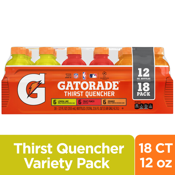 Gatorade Thirst Quencher, Lemon Lime, Fruit Punch, Orange, 18 Pack