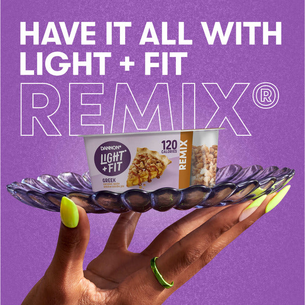 Dannon Light + Fit Dannon Light + Fit REMIX Caramel Apple Pie Flavored Fat Free Greek Yogurt with Snickerdoodle Pieces, White Fudge Chunks and Cinnamon Sprinkles Mix-Ins, 4.5 oz Yogurt Cup