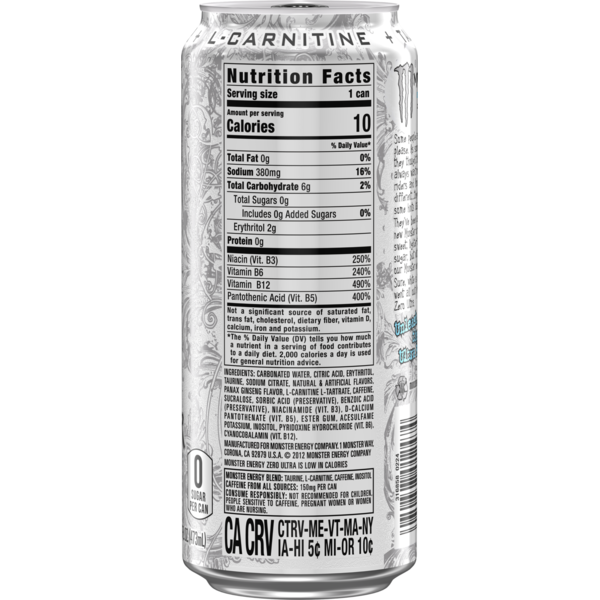 Monster Energy Ultra Monster Energy, Zero Ultra, Sugar Free Energy Drink, 16 Fl Oz