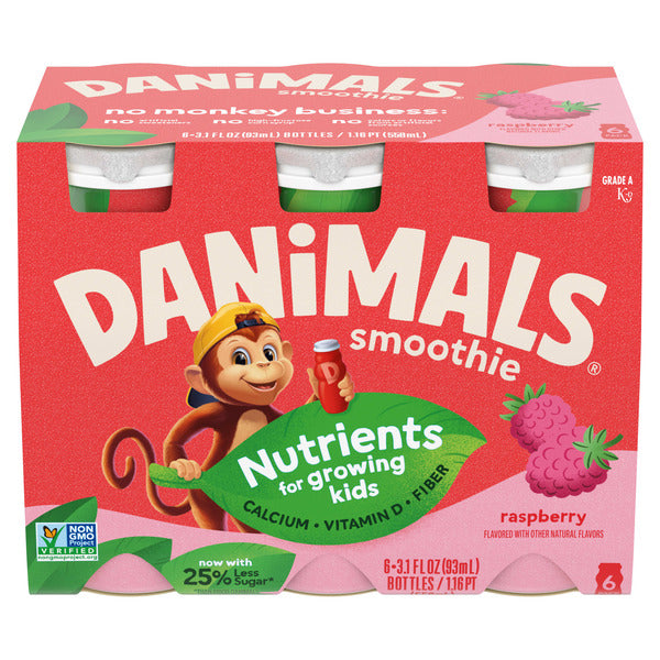 Danimals Smoothie Raspberry Dairy Drink Multi-Pack, Creamy and Delicious Low Fat Snacks for Kids, 6 Ct, 3.1 oz Smoothie Bottles