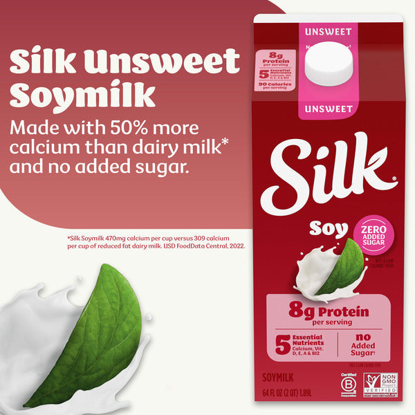 Silk Soy Milk, Unsweet, Dairy Free, Gluten Free, Delicious Vegan Plant Based Milk with No Added Sugar and 5 Essential Nutrients, 64 fl oz Half Gallon