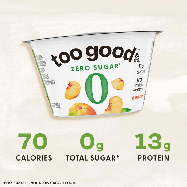 Too Good & Co. Zero Sugar Peach Yogurt-Cultured Ultra-Filtered Low Fat Milk Product, Gluten Free, Keto Friendly, 5.3 oz Cup