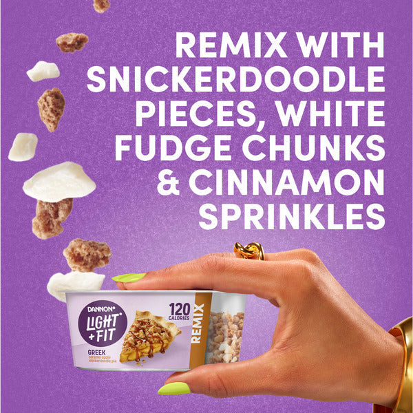 Dannon Light + Fit Dannon Light + Fit REMIX Caramel Apple Pie Flavored Fat Free Greek Yogurt with Snickerdoodle Pieces, White Fudge Chunks and Cinnamon Sprinkles Mix-Ins, 4.5 oz Yogurt Cup
