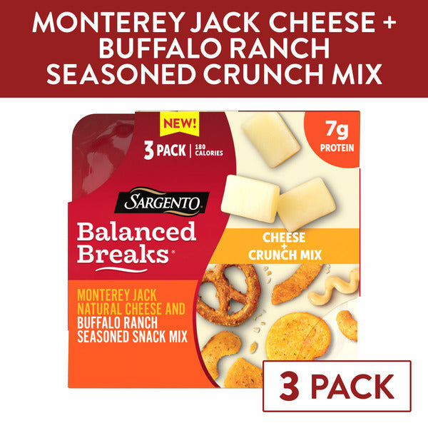 Sargento Balanced Breaks® Cheese + Crunch Mix Monterey Jack Natural Cheese and Buffalo Ranch Seasoned Snack Mix of Pretzels, Roasted Cashews, Corn Sticks, Toasted Bread Chips, Pita Chips, 3-Pack