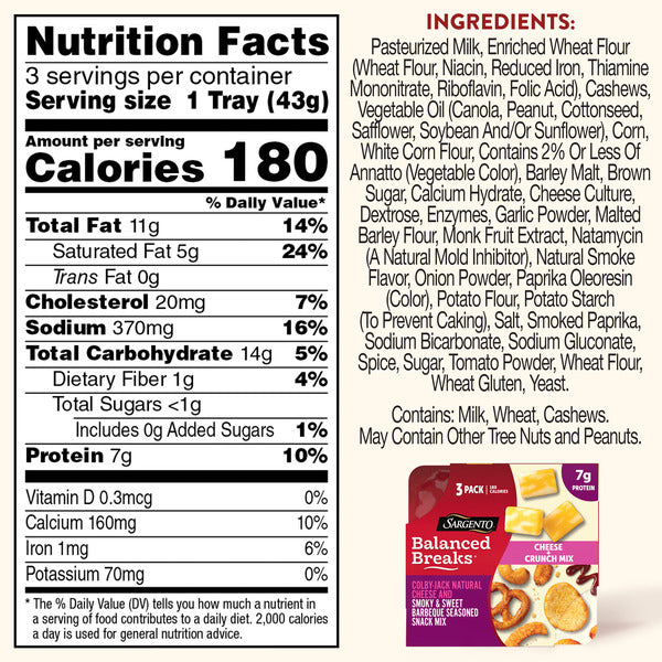 Sargento Balanced Breaks® Cheese + Crunch Mix Colby-Jack Natural Cheese and Smoky & Sweet BBQ Seasoned Snack Mix of Pretzels, Roasted Cashews, Corn Sticks, Corn Kernels, Toasted Bread Chips, Snack, 3-Pack