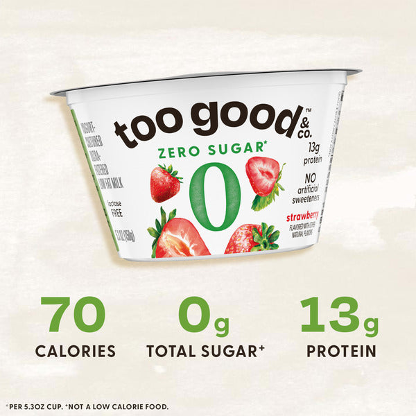 Too Good & Co. Zero Sugar Strawberry Yogurt-Cultured Ultra-Filtered Low Fat Milk Product, Creamy and Delicious Low Fat Yogurt Product Snack Cup with Zero Sugar*, Good Source of Protein, 5.3 OZ Cup