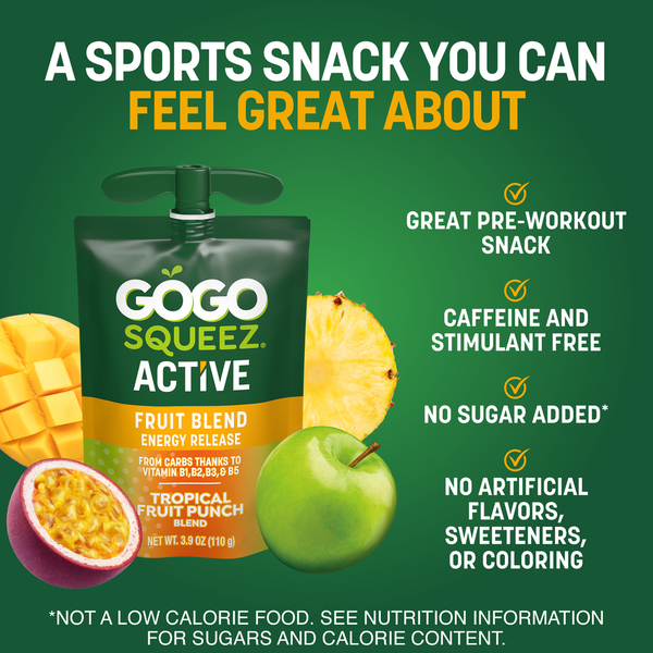 GoGo Squeez Active Energy No Sugar Added Tropical Fruit Blend Pouches, 3.9 oz (10 Pack)