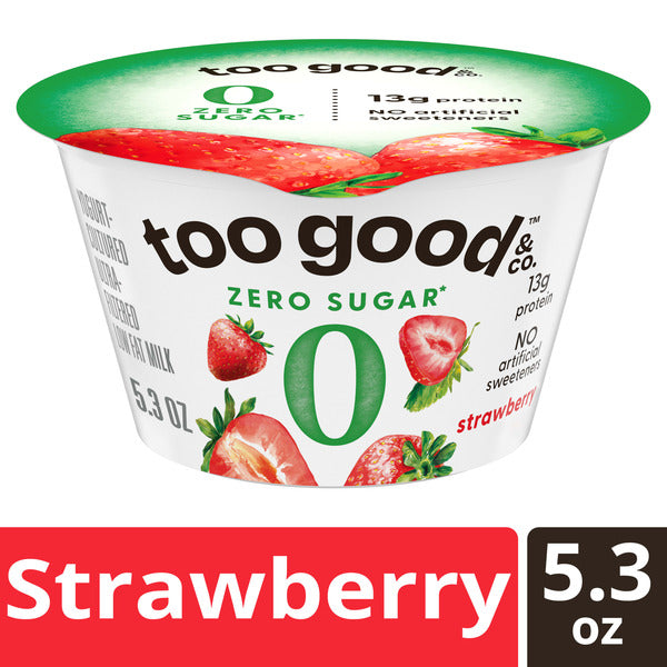 Too Good & Co. Zero Sugar Strawberry Yogurt-Cultured Ultra-Filtered Low Fat Milk Product, Creamy and Delicious Low Fat Yogurt Product Snack Cup with Zero Sugar*, Good Source of Protein, 5.3 OZ Cup