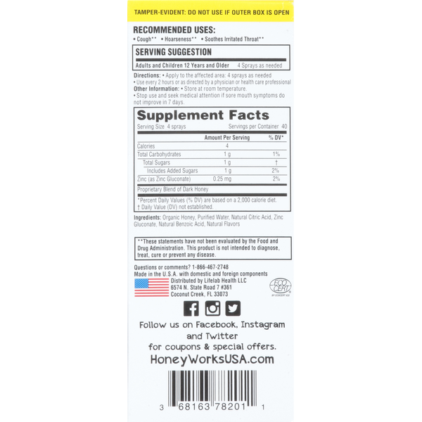 HoneyWorks Throat Spray, Soothing, Plus Zinc, Organic Honey