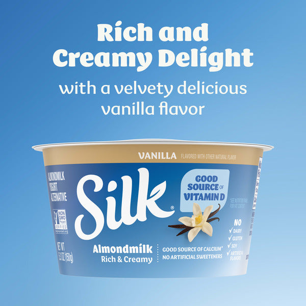 Silk Vanilla Dairy Free, Almond Milk Yogurt Alternative, Rich and Creamy Plant Based Yogurt with 5 Grams of Protein, 4 Ct, 5.3 OZ Containers