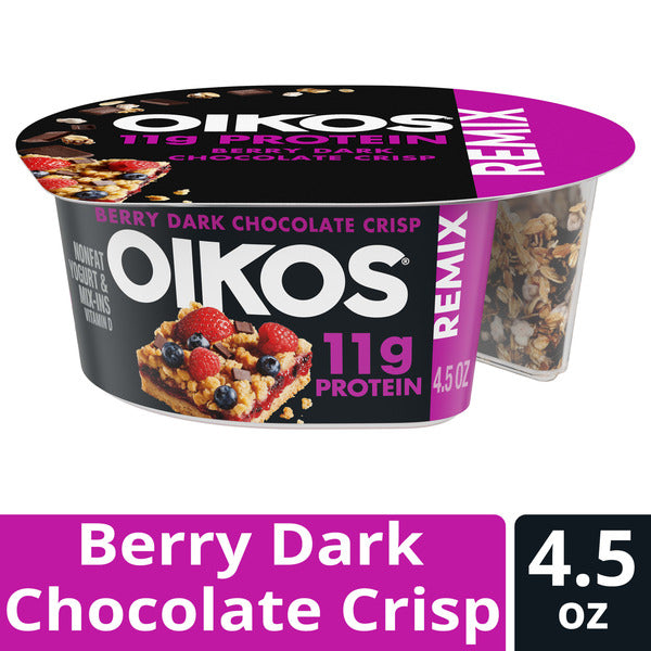 Oikos REMIX Berry Dark Chocolate Crisp 11g Protein Mixed Berry Nonfat Yogurt with Dark Chocolate and White Fudge Berry Granola Mix-Ins, 4.5 oz Cup