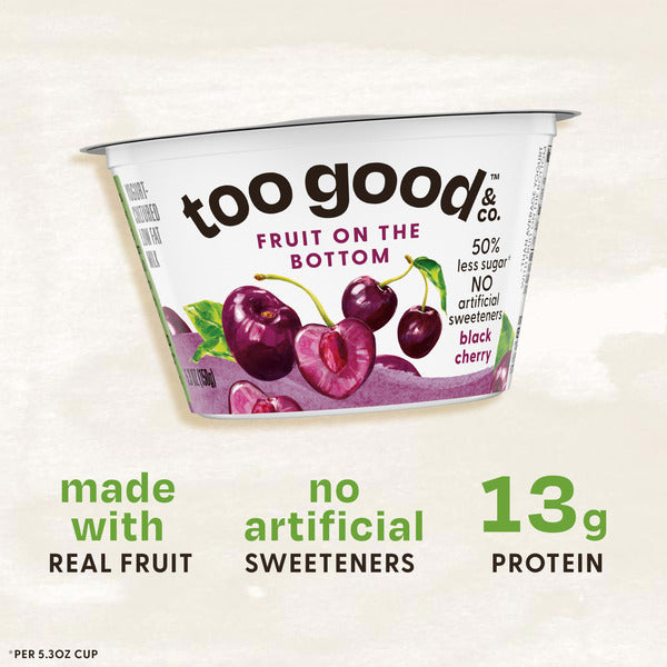 Too Good & Co. Fruit on the Bottom Black Cherry Yogurt-Cultured Low Fat Milk Product, Smooth and Creamy Adult Snacks with Real Fruit, 5.3 oz Cup