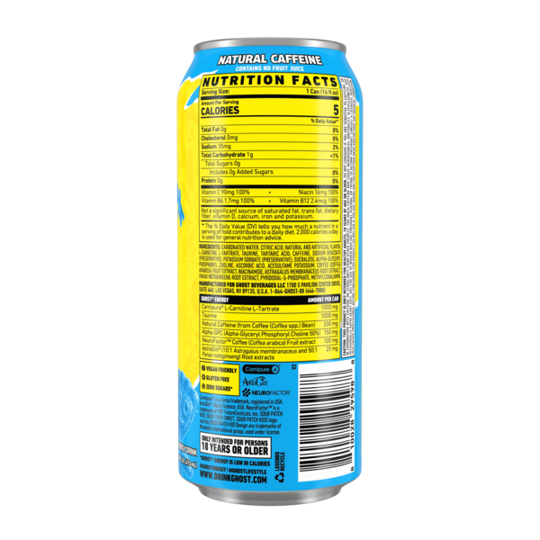 GHOST Zero Sugar Energy Drink, Sour Patch Kids Blue Raspberry