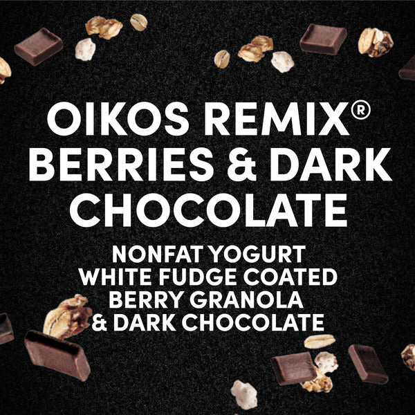 Oikos REMIX Berry Dark Chocolate Crisp 11g Protein Mixed Berry Nonfat Yogurt with Dark Chocolate and White Fudge Berry Granola Mix-Ins, 4.5 oz Cup