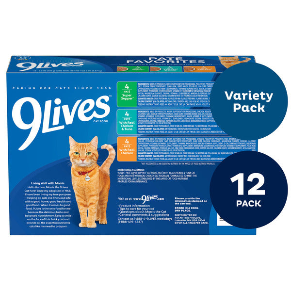 9Lives Paté Favorites Wet Cat Food Variety Pack, 5.5 oz. Cans (Pack of 12)