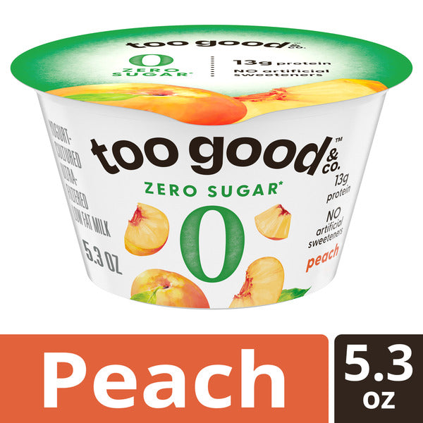 Too Good & Co. Zero Sugar Peach Yogurt-Cultured Ultra-Filtered Low Fat Milk Product, Gluten Free, Keto Friendly, 5.3 oz Cup