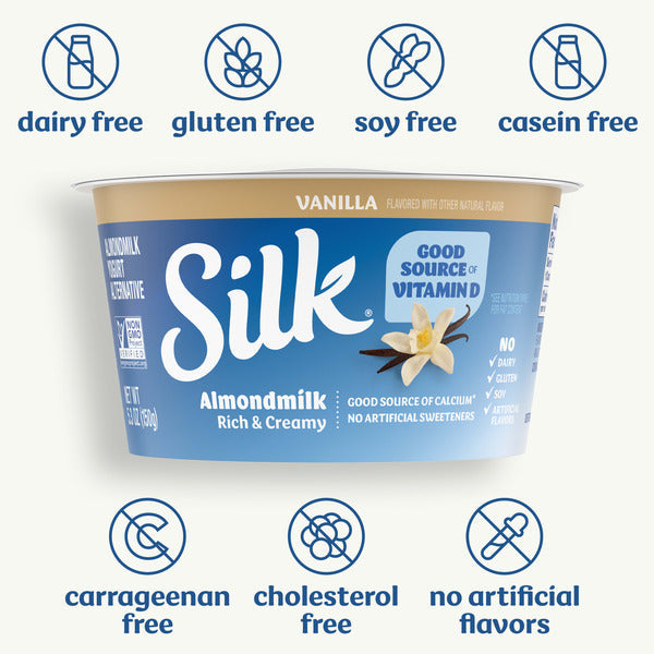 Silk Vanilla Dairy Free, Almond Milk Yogurt Alternative, Rich and Creamy Plant Based Yogurt with 5 Grams of Protein, 4 Ct, 5.3 OZ Containers