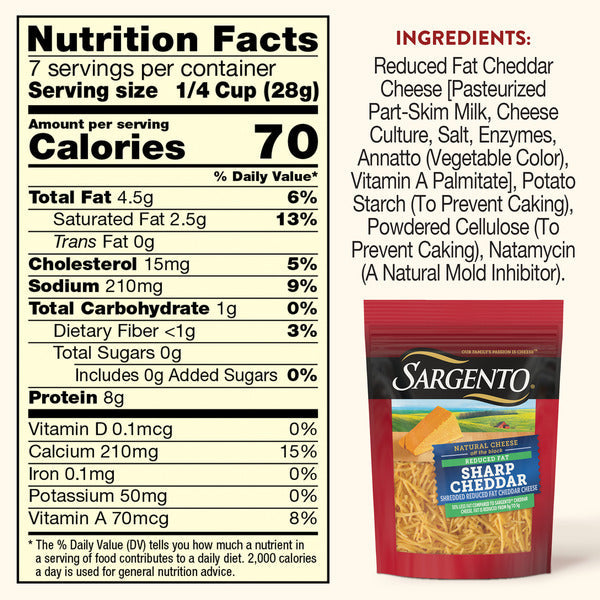 Sargento Reduced Fat Natural Sharp Cheddar Shredded Cheese, Fine Cut, 7 oz