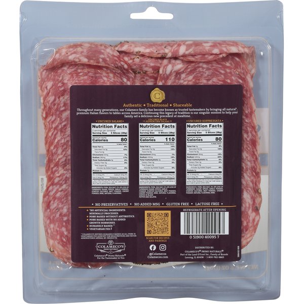 Colameco's Primo Naturale Sliced Uncured Salami Classico Trio