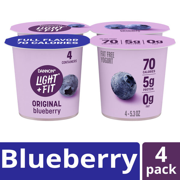 Dannon Light + Fit Dannon Light + Fit Blueberry Original Nonfat Yogurt Pack, 0 Fat and Only 70 Calories, Creamy and Delicious Blueberry Yogurt, 4 Ct, 5.3 OZ Cups