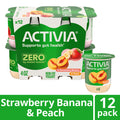 Activia Zero 0g Added Sugar Strawberry Banana & Peach Probiotic Nonfat Yogurt Cups, 4 oz, 12 Count