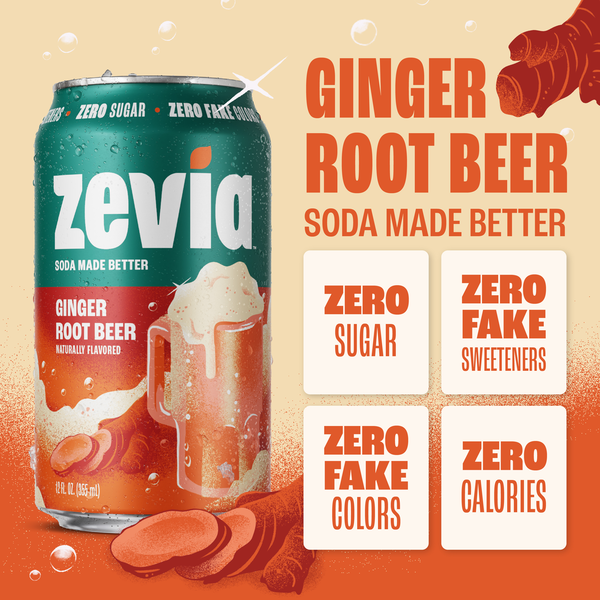 Zevia Soda, Zero Sugar, Ginger Root Beer