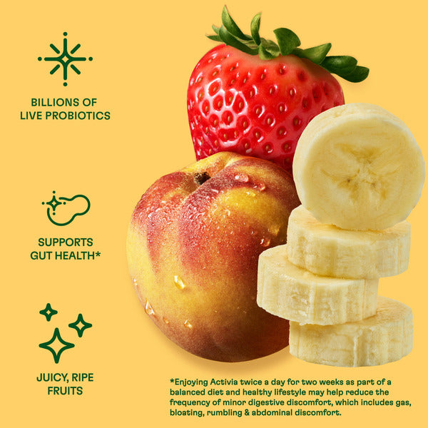 Activia Zero 0g Added Sugar Strawberry Banana & Peach Probiotic Nonfat Yogurt Cups, 4 oz, 12 Count