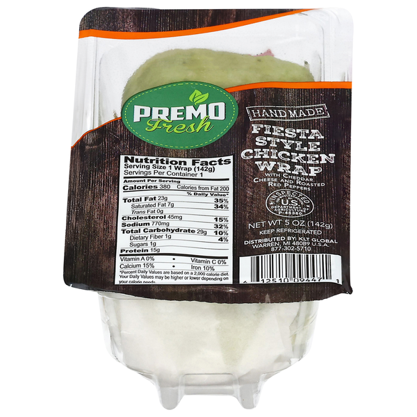Premo Wrap, with Cheddar Cheese and Roasted Red Peppers, Fiesta Style Chicken