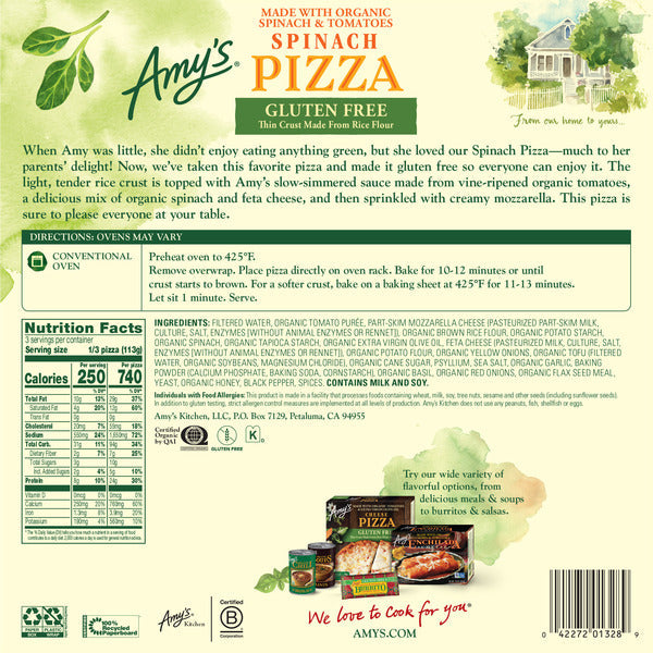 Amy's Kitchen Gluten Free Spinach Veggie Crust Pizza