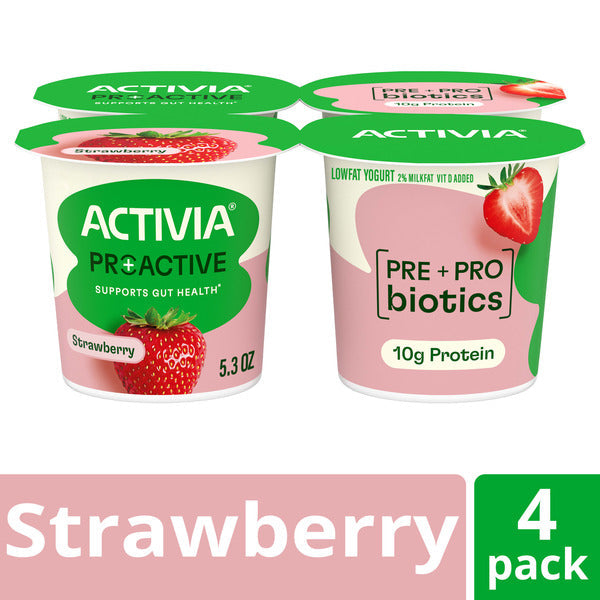 Activia Proactive Strawberry Prebiotic and Probiotic Yogurt, Creamy Low Fat Yogurt Cups, 5.3 oz, 4 Count