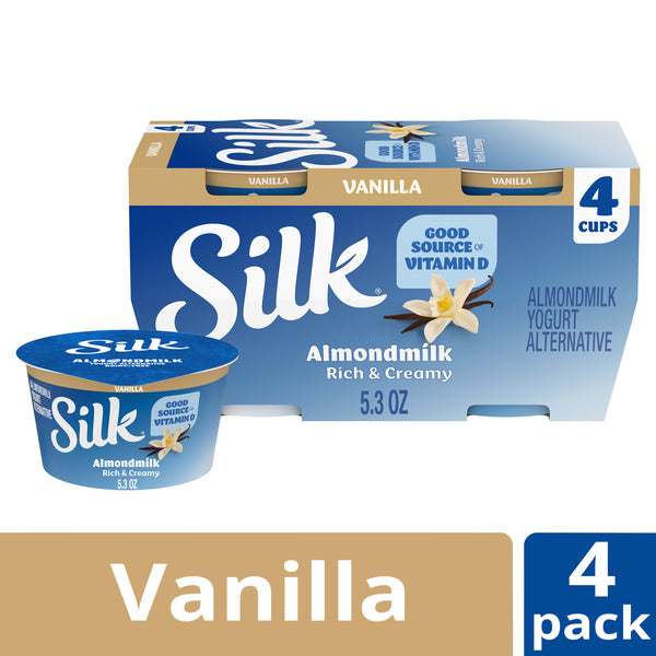 Silk Vanilla Dairy Free, Almond Milk Yogurt Alternative, Rich and Creamy Plant Based Yogurt with 5 Grams of Protein, 4 Ct, 5.3 OZ Containers