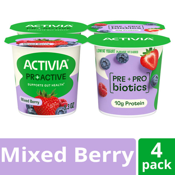 Activia Proactive Mixed Berry Prebiotic and Probiotic Yogurt, Creamy Low Fat Yogurt Cups, 5.3 oz, 4 Count