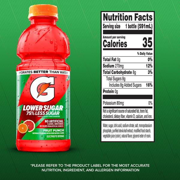 Gatorade Lower Sugar Electrolyte Beverage Fruit Punch Naturally Flavored