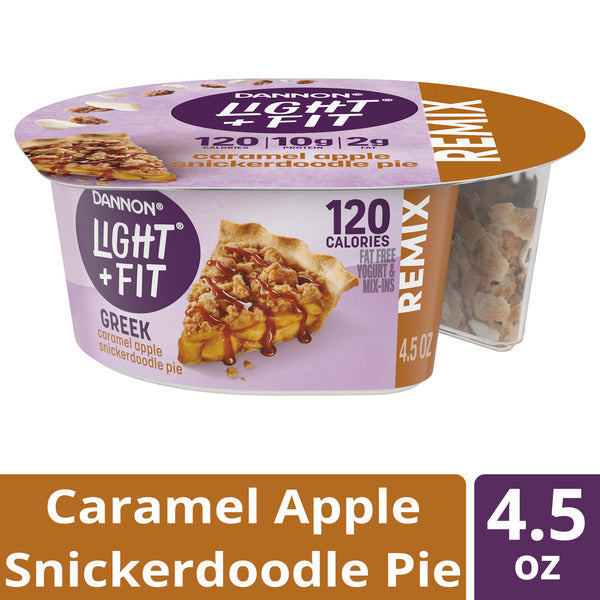 Dannon Light + Fit Dannon Light + Fit REMIX Caramel Apple Pie Flavored Fat Free Greek Yogurt with Snickerdoodle Pieces, White Fudge Chunks and Cinnamon Sprinkles Mix-Ins, 4.5 oz Yogurt Cup