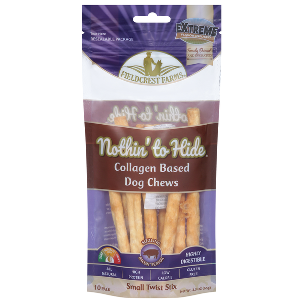 Fieldcrest Farms Nothin' to Hide Dog Chews, Sizzling Bacon Flavor, Small Twist Stix, 10 Pack