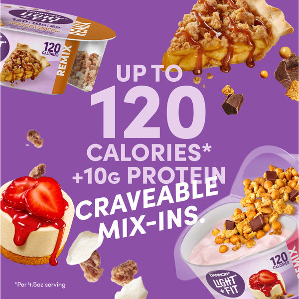 Dannon Light + Fit Dannon Light + Fit REMIX Caramel Apple Pie Flavored Fat Free Greek Yogurt with Snickerdoodle Pieces, White Fudge Chunks and Cinnamon Sprinkles Mix-Ins, 4.5 oz Yogurt Cup