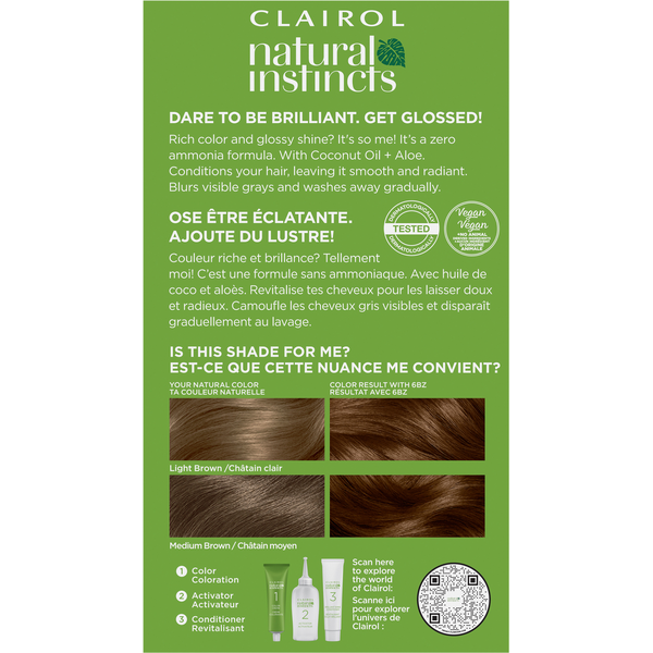 Clairol 6BZ Light Caramel Brown Zero Ammonia Vegan Hair Color with Coconut Oil + Aloe
