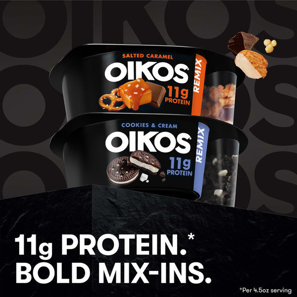 Oikos REMIX Berry Dark Chocolate Crisp 11g Protein Mixed Berry Nonfat Yogurt with Dark Chocolate and White Fudge Berry Granola Mix-Ins, 4.5 oz Cup