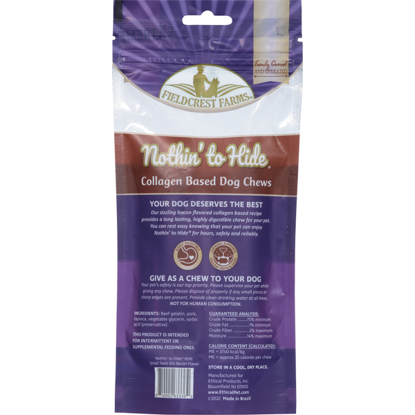 Fieldcrest Farms Nothin' to Hide Dog Chews, Sizzling Bacon Flavor, Small Twist Stix, 10 Pack