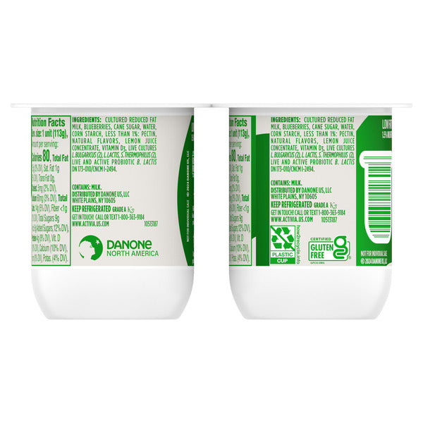 Activia Blueberry Probiotic Yogurt, Delicious Low Fat Yogurt Cups to Help Support Gut Health, 4 oz, 4 Count