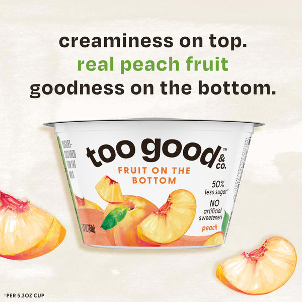 Too Good & Co. Fruit on the Bottom Peach Yogurt-Cultured Low Fat Milk Product, Smooth and Creamy Adult Snacks with Real Fruit, 5.3 oz Cup