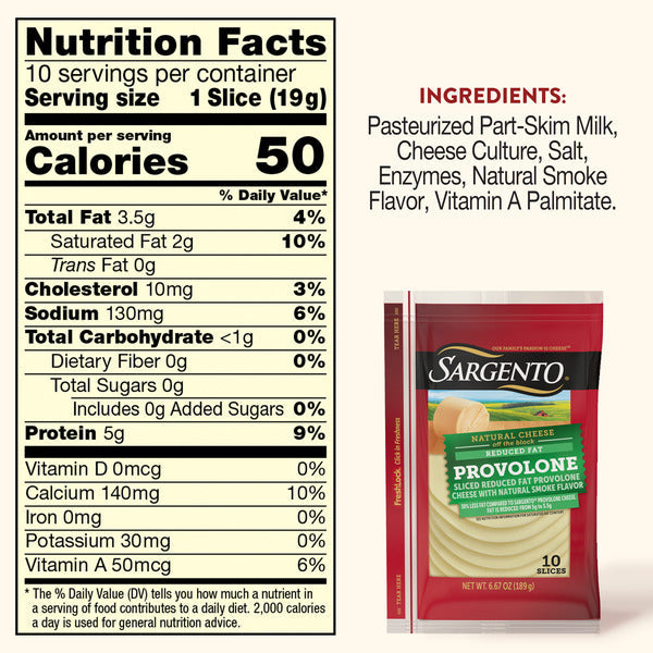 Sargento Reduced Fat Natural Provolone with Natural Smoke Flavor Sliced Cheese, 10 Slices