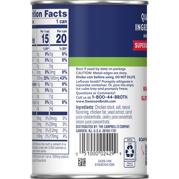 Swanson's Swanson 33% Less Sodium Chicken Broth, 14.5 oz Can