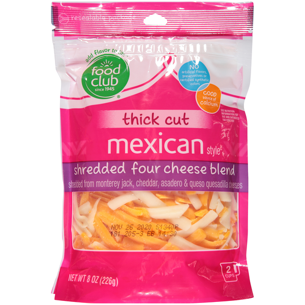 Food Club Four Cheese Mexican Blend Shredded From Monterey Jack, Cheddar, Asadero & Queso Quesadilla Cheeses