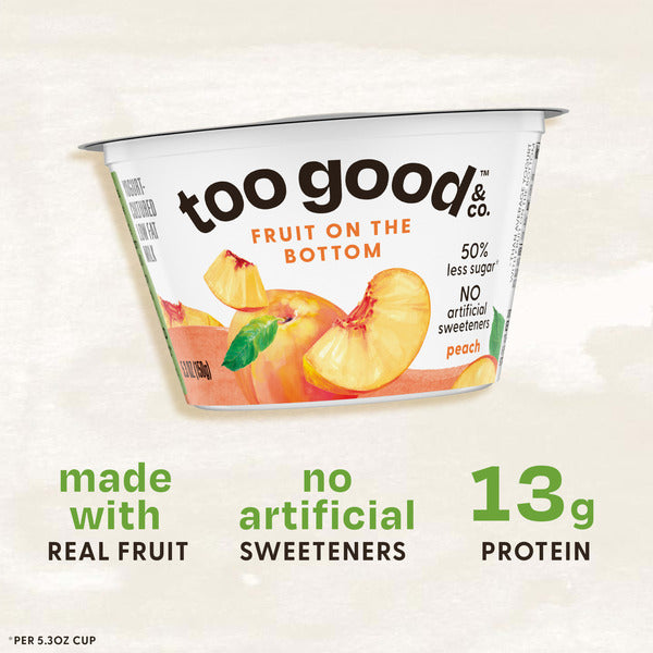 Too Good & Co. Fruit on the Bottom Peach Yogurt-Cultured Low Fat Milk Product, Smooth and Creamy Adult Snacks with Real Fruit, 5.3 oz Cup